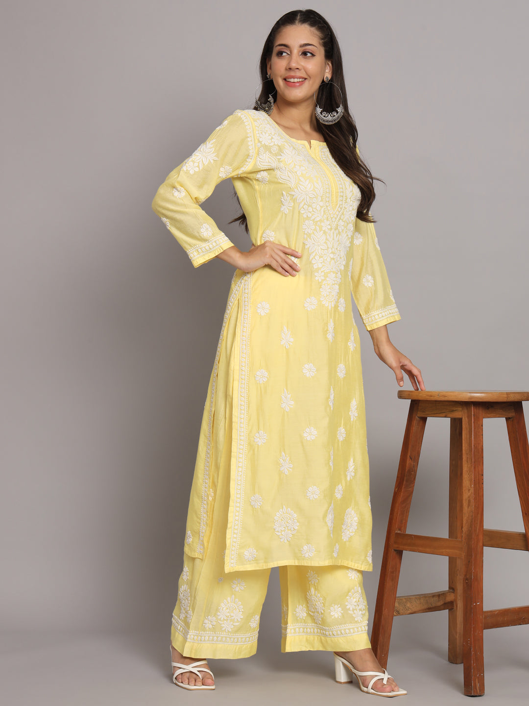 Hand Embroidered Chikan Chanderi Straight Kurta Palazzos-AL3671KS