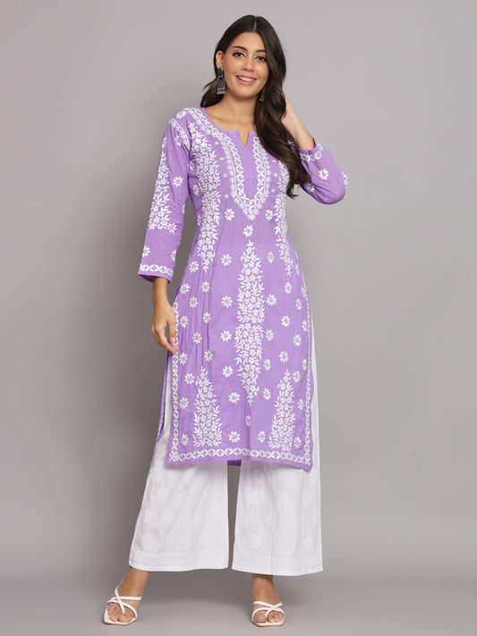 WOMEN HAND EMBROIDERED CHIKANKARI COTTON STRAIGHT KURTA- AL3679