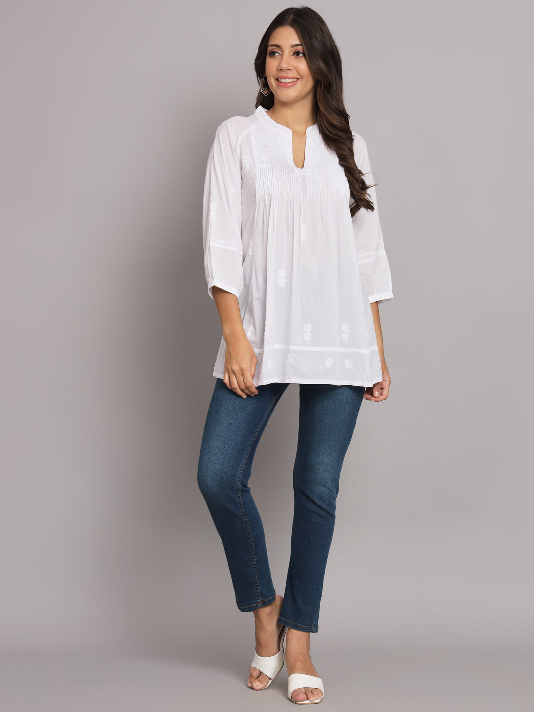 Hand Embroidered Chikankari Cotton A-Line Pleated Kurti-AL2786