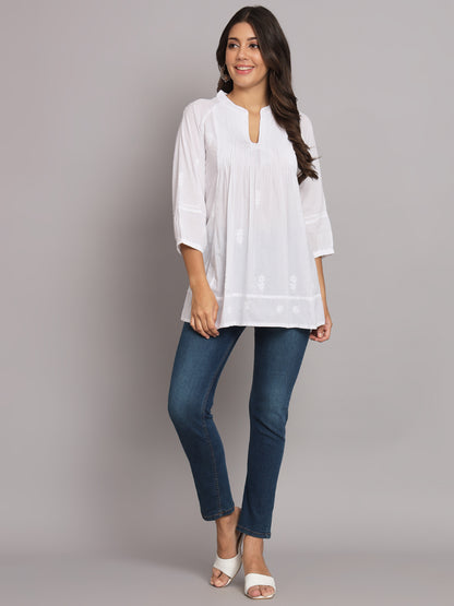 Hand Embroidered Chikankari Cotton A-Line Pleated Kurti-AL2786