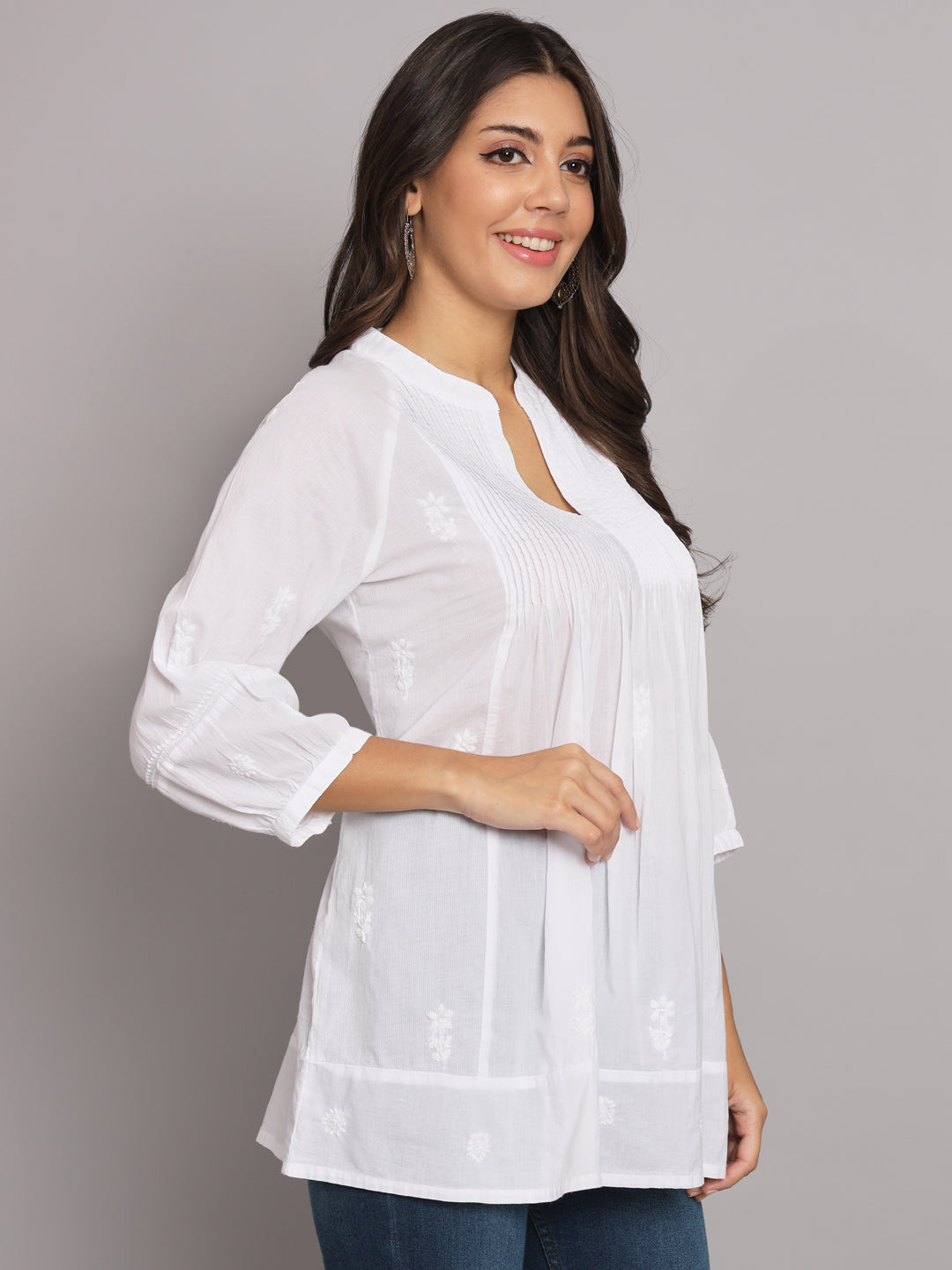 Hand Embroidered Chikankari Cotton A-Line Pleated Kurti-AL2786