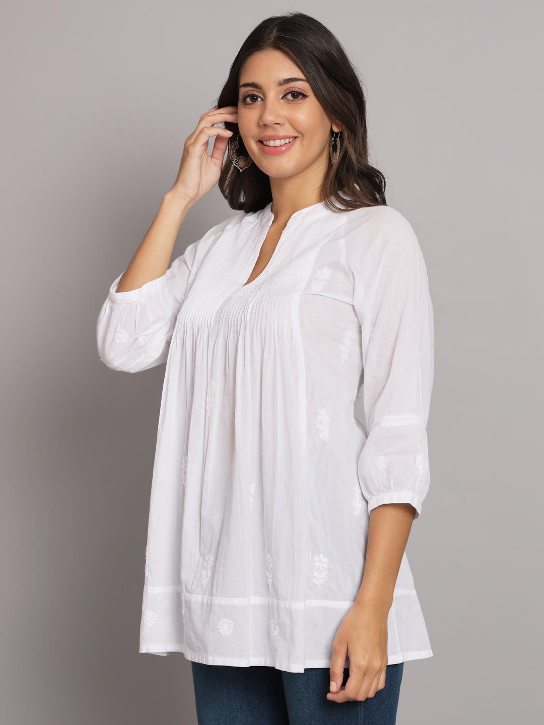 Hand Embroidered Chikankari Cotton A-Line Pleated Kurti-AL2786