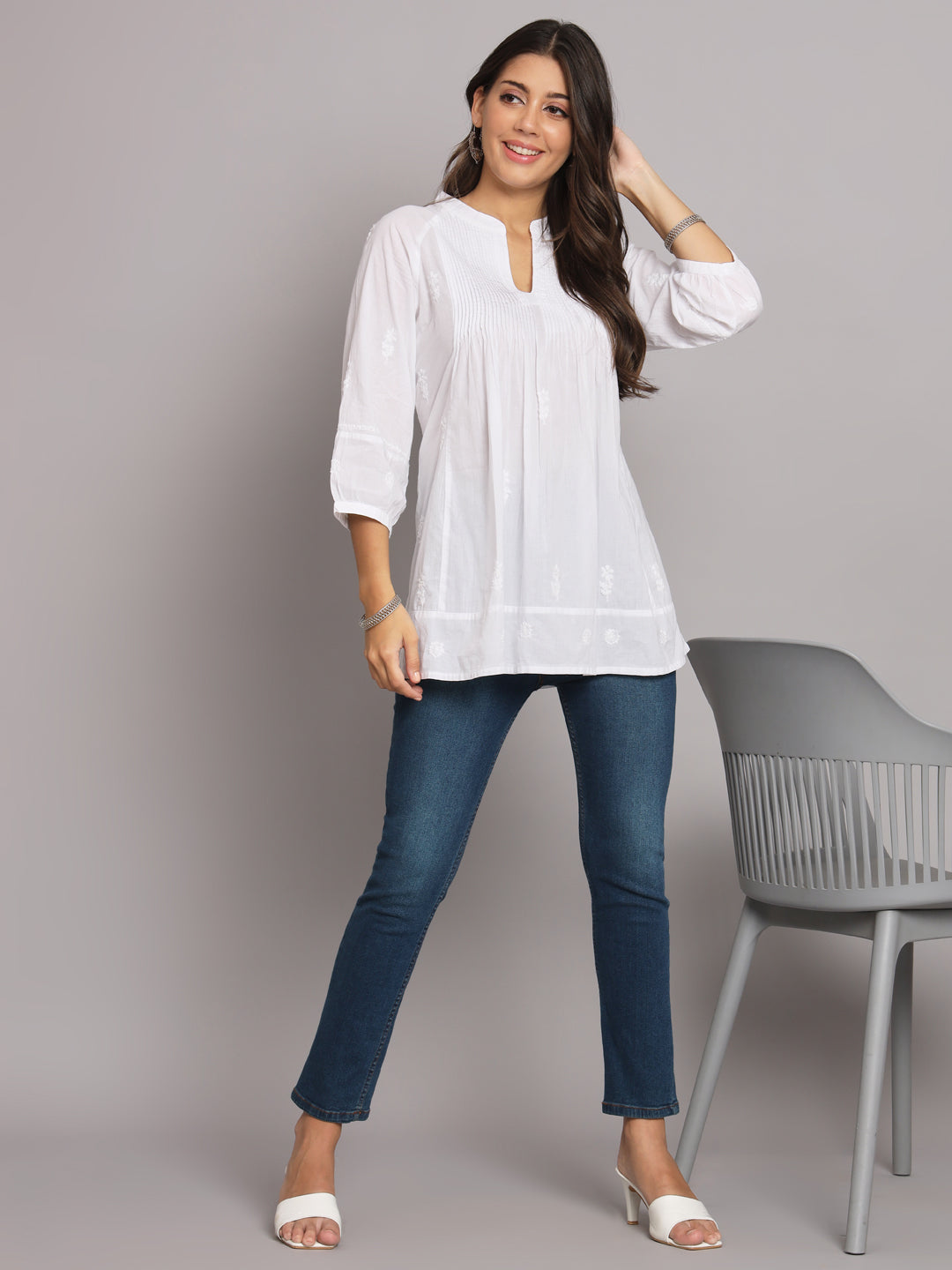 Hand Embroidered Chikankari Cotton A-Line Pleated Kurti-AL2786