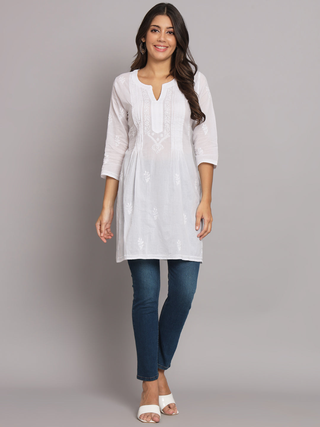Hand Embroidered Chikankari Cotton Straight Pleated Tunic-AL1948