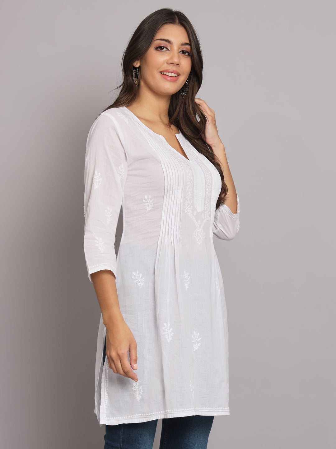 Hand Embroidered Chikankari Cotton Straight Pleated Tunic-AL1948