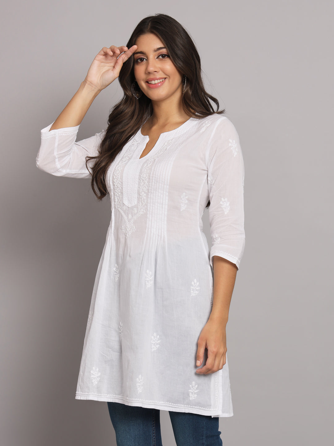 Hand Embroidered Chikankari Cotton Straight Pleated Tunic-AL1948