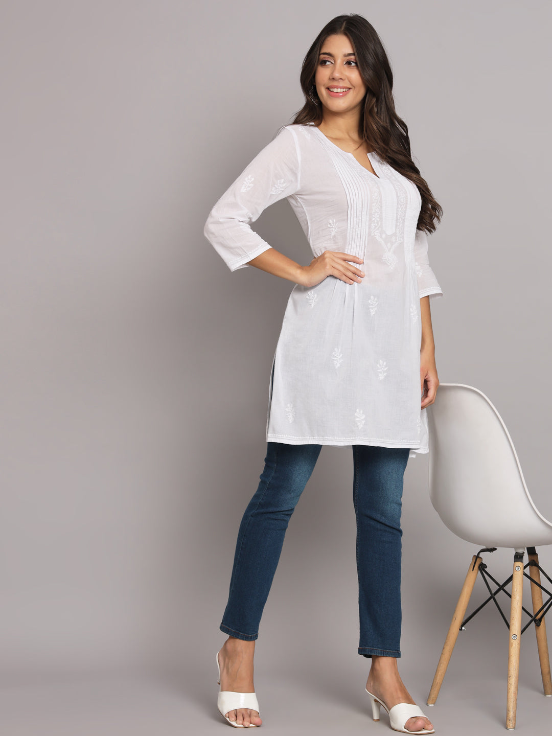 Hand Embroidered Chikankari Cotton Straight Pleated Tunic-AL1948
