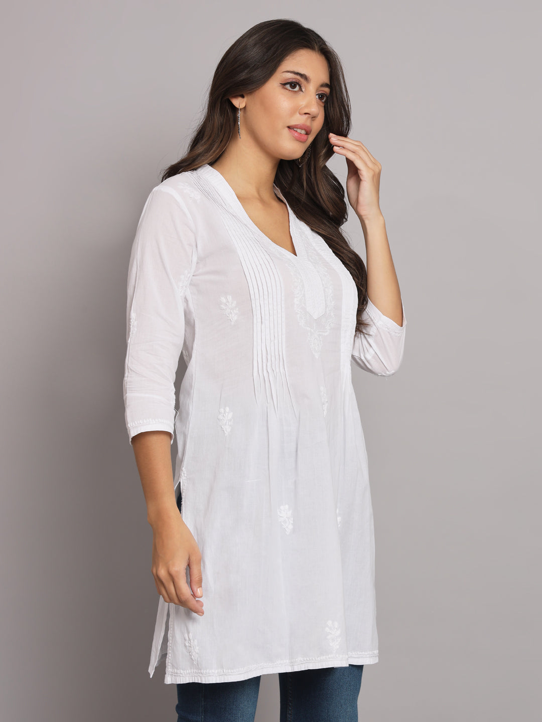 Hand Embroidered Chikankari Cotton Pleated Tunic-AL1950