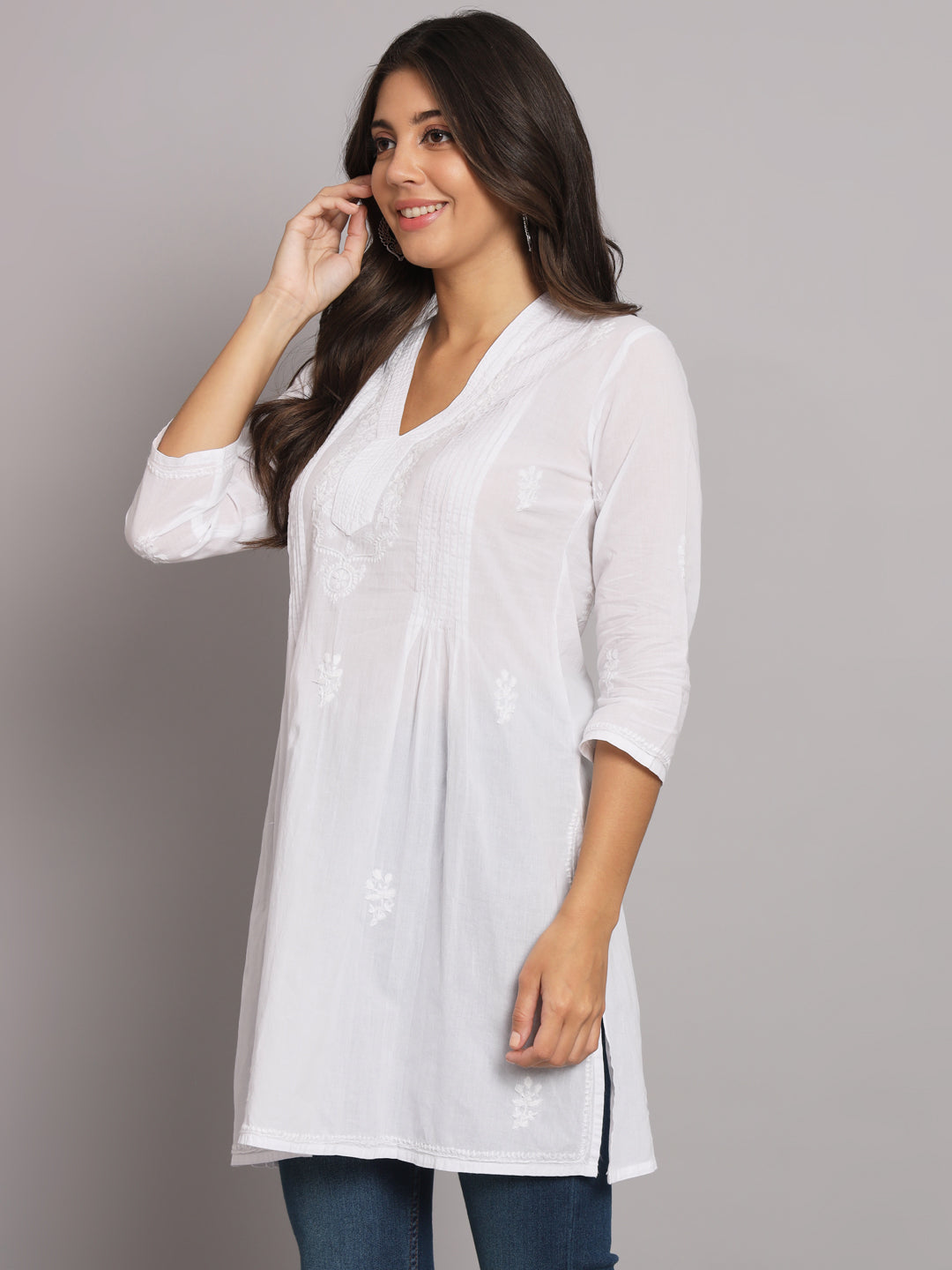 Hand Embroidered Chikankari Cotton Pleated Tunic-AL1950