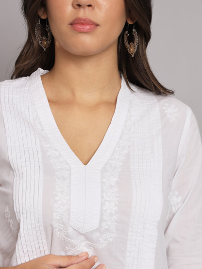 Hand Embroidered Chikankari Cotton Pleated Tunic-AL1950