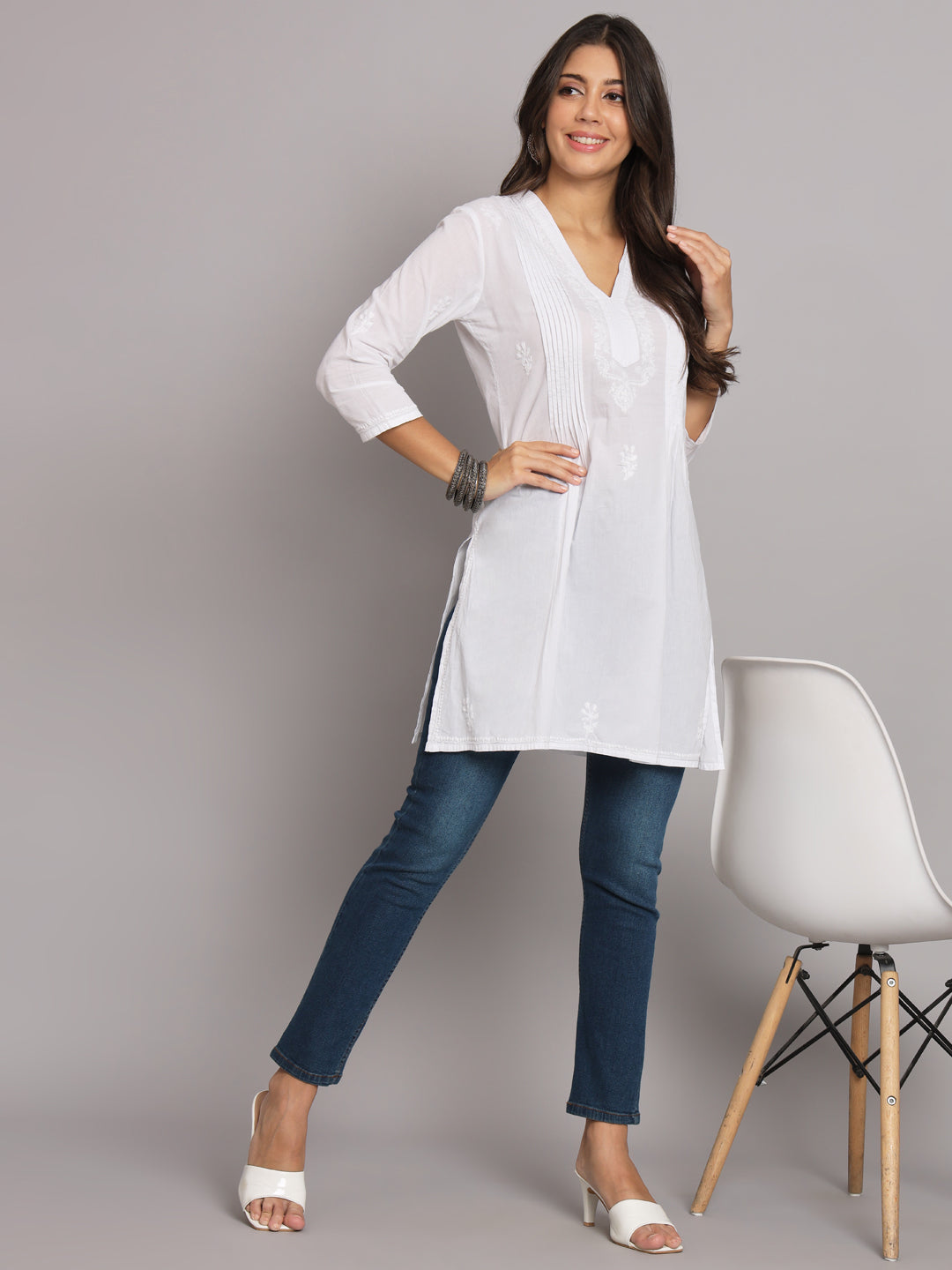 Hand Embroidered Chikankari Cotton Pleated Tunic-AL1950