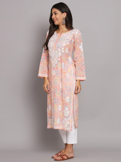 Hand Embroidered Chikan Printed Mulmul Cotton Straight Kurta-AL3680 Peach