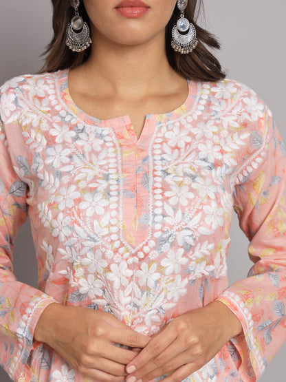 Hand Embroidered Chikan Printed Mulmul Cotton Straight Kurta-AL3680 Peach