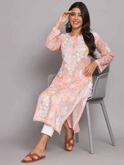 Hand Embroidered Chikan Printed Mulmul Cotton Straight Kurta-AL3680 Peach
