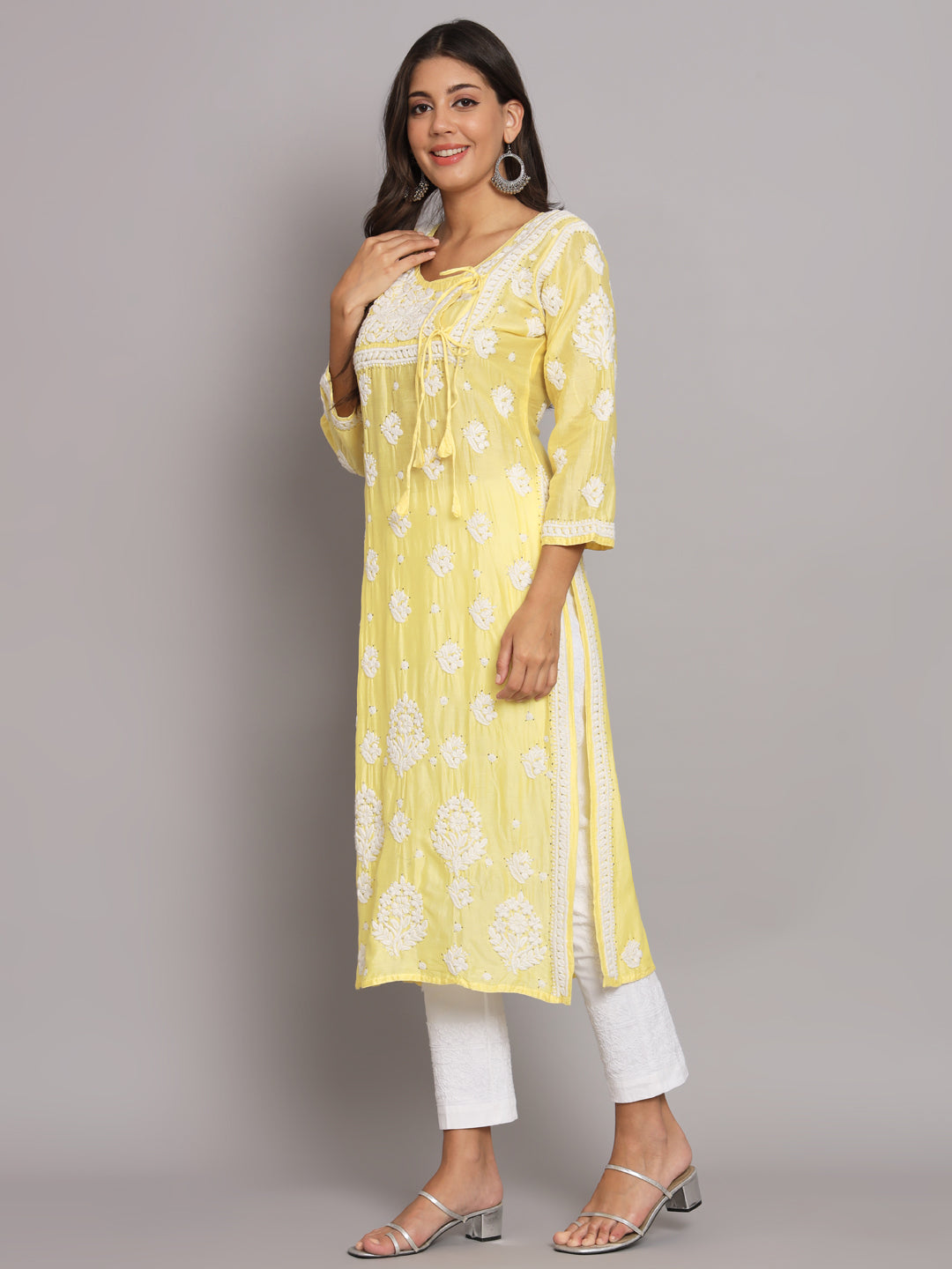 Hand Embroidered Chikankari Chanderi Angarkha Kurta With Mukaish Work-AL3672 Yellow