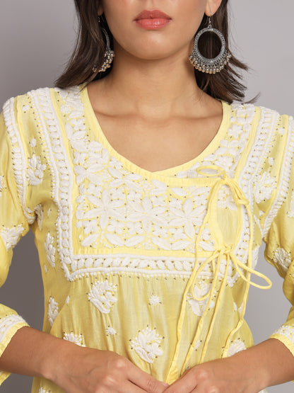 Hand Embroidered Chikankari Chanderi Angarkha Kurta With Mukaish Work-AL3672 Yellow