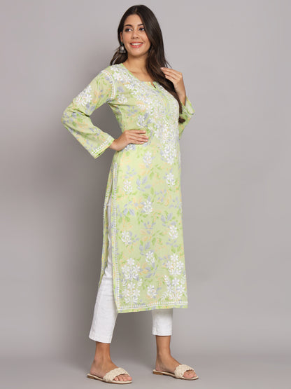 Hand Embroidered Chikan Printed Mulmul Cotton Straight Kurta-AL3680 Green