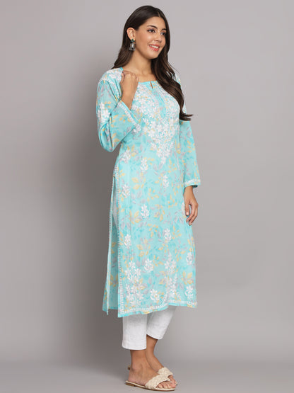 Hand Embroidered Chikan Printed Mulmul Cotton Straight Kurta-AL3680 Blue