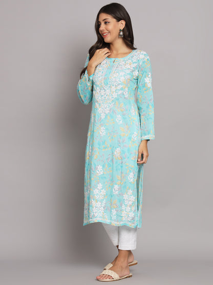 Hand Embroidered Chikan Printed Mulmul Cotton Straight Kurta-AL3680 Blue