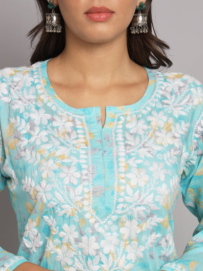 Hand Embroidered Chikan Printed Mulmul Cotton Straight Kurta-AL3680 Blue