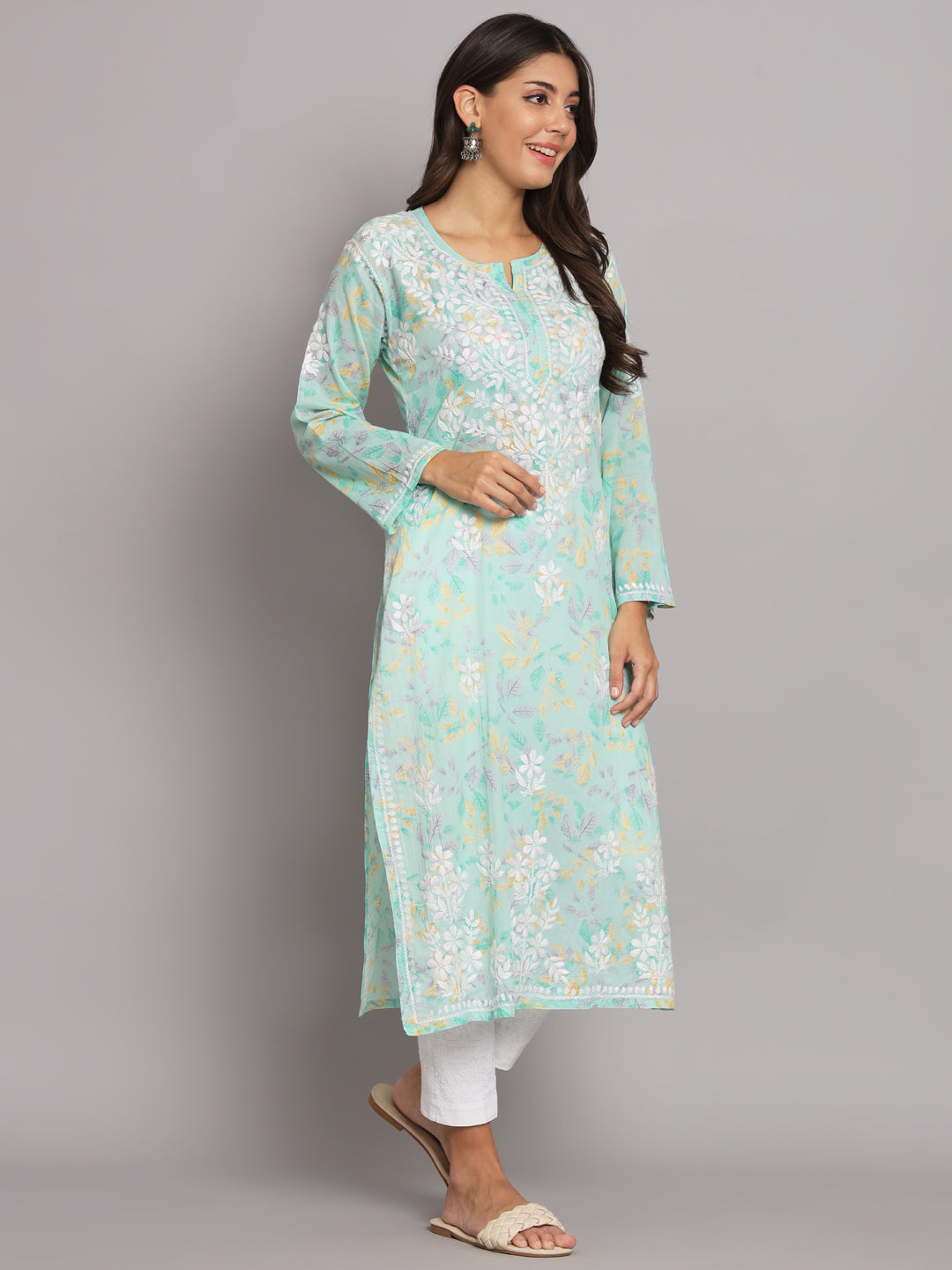 Hand Embroidered Chikan Printed Mulmul Cotton Straight Kurta-AL3680 Seagreen