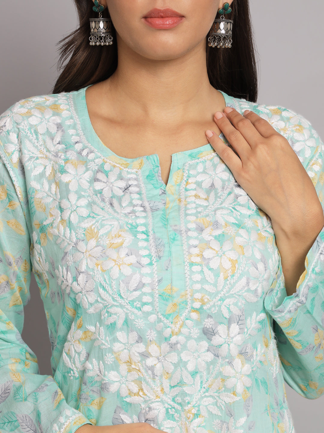 Hand Embroidered Chikan Printed Mulmul Cotton Straight Kurta-AL3680 Seagreen