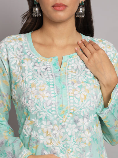 Hand Embroidered Chikan Printed Mulmul Cotton Straight Kurta-AL3680 Seagreen