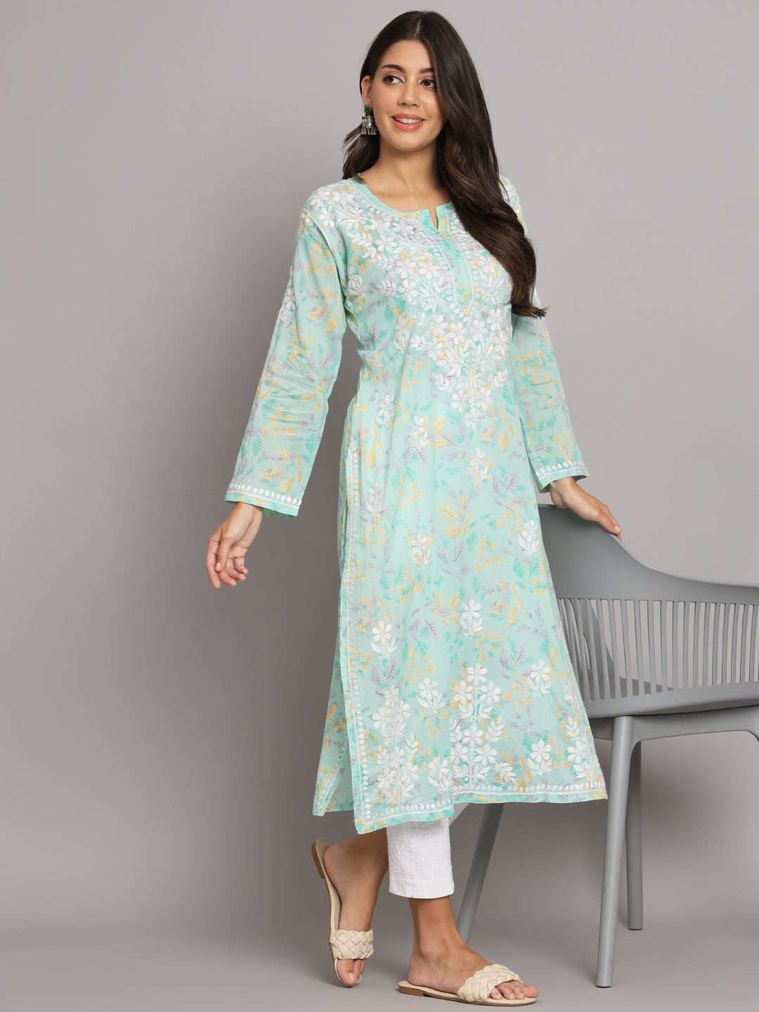 Hand Embroidered Chikan Printed Mulmul Cotton Straight Kurta-AL3680 Seagreen