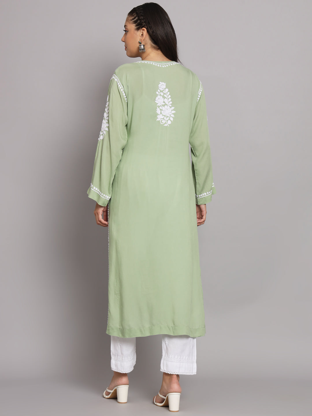 Hand Embroidered Chikankari Modal Straight Kurta-AL3682 Green