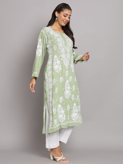 Hand Embroidered Chikankari Modal Straight Kurta-AL3682 Green
