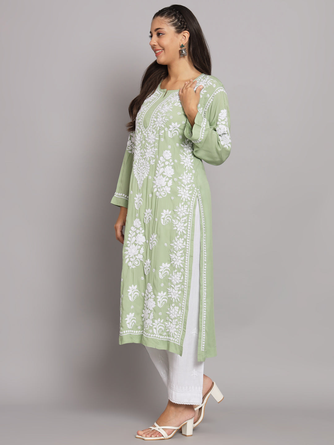 Hand Embroidered Chikankari Modal Straight Kurta-AL3682 Green
