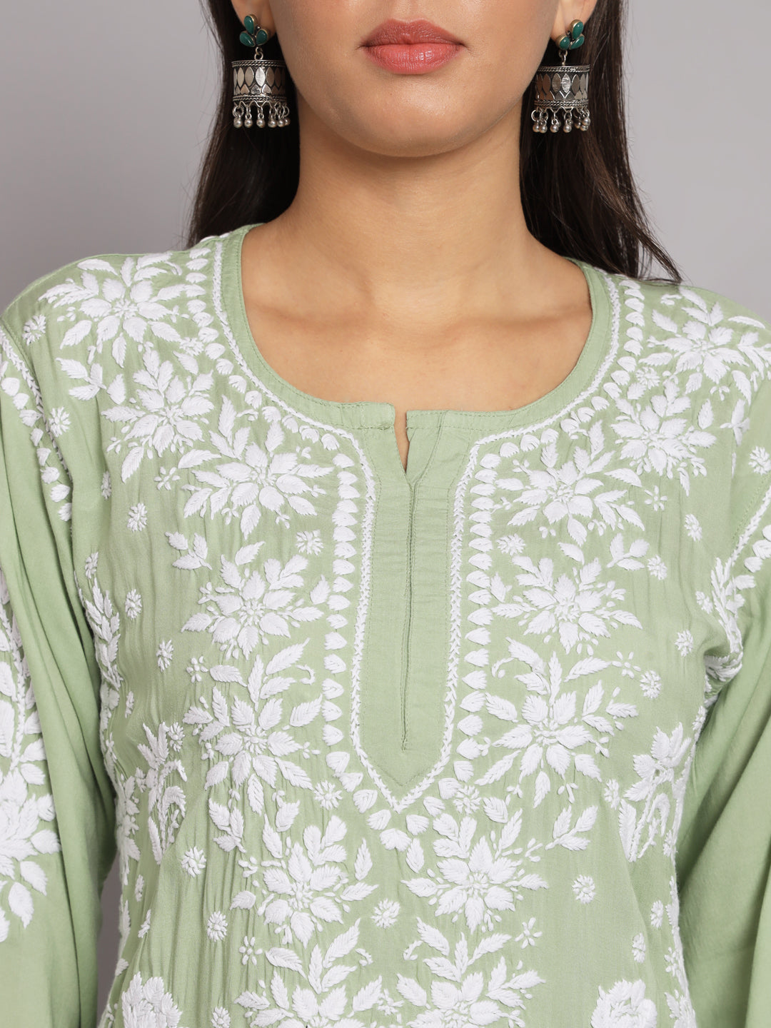 Hand Embroidered Chikankari Modal Straight Kurta-AL3682 Green