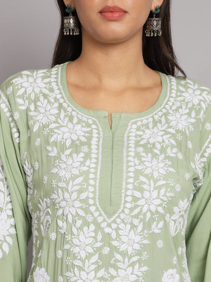 Hand Embroidered Chikankari Modal Straight Kurta-AL3682 Green