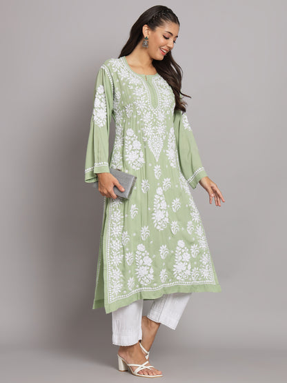 Hand Embroidered Chikankari Modal Straight Kurta-AL3682 Green