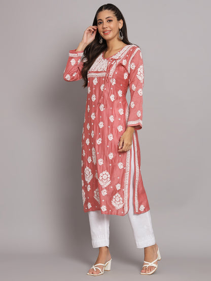Hand Embroidered Chikankari Chanderi Angarkha Kurta With Mukaish Work-AL3672 Rust
