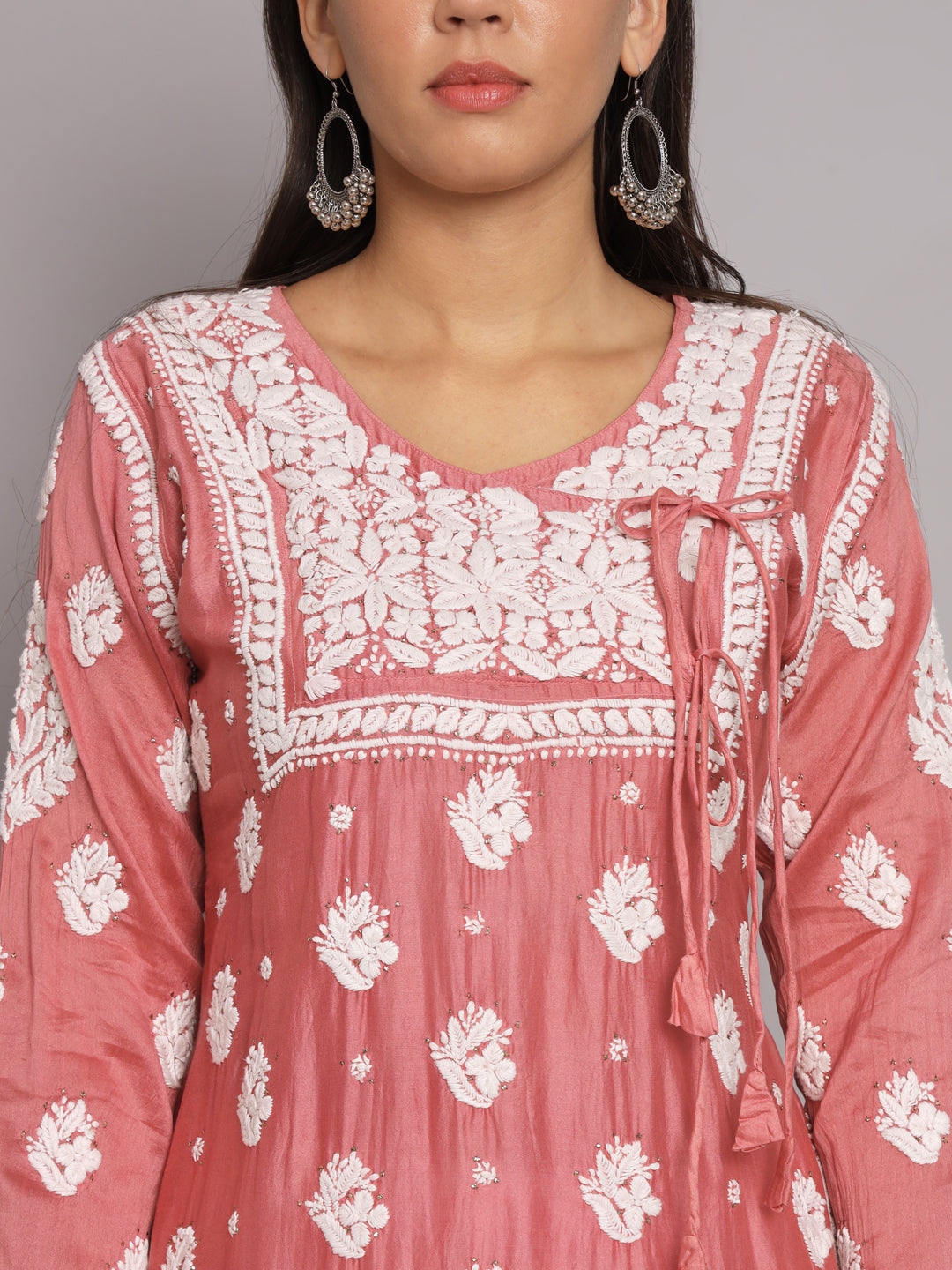 Hand Embroidered Chikankari Chanderi Angarkha Kurta With Mukaish Work-AL3672 Rust