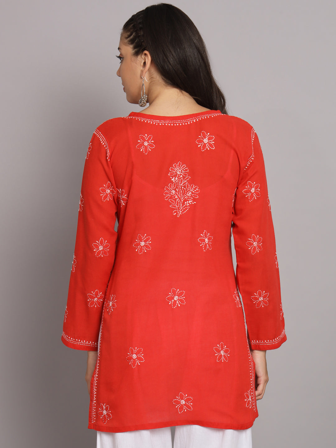 Hand Embroidered Chikankari Cotton Straight Tunic-AL3591 Red