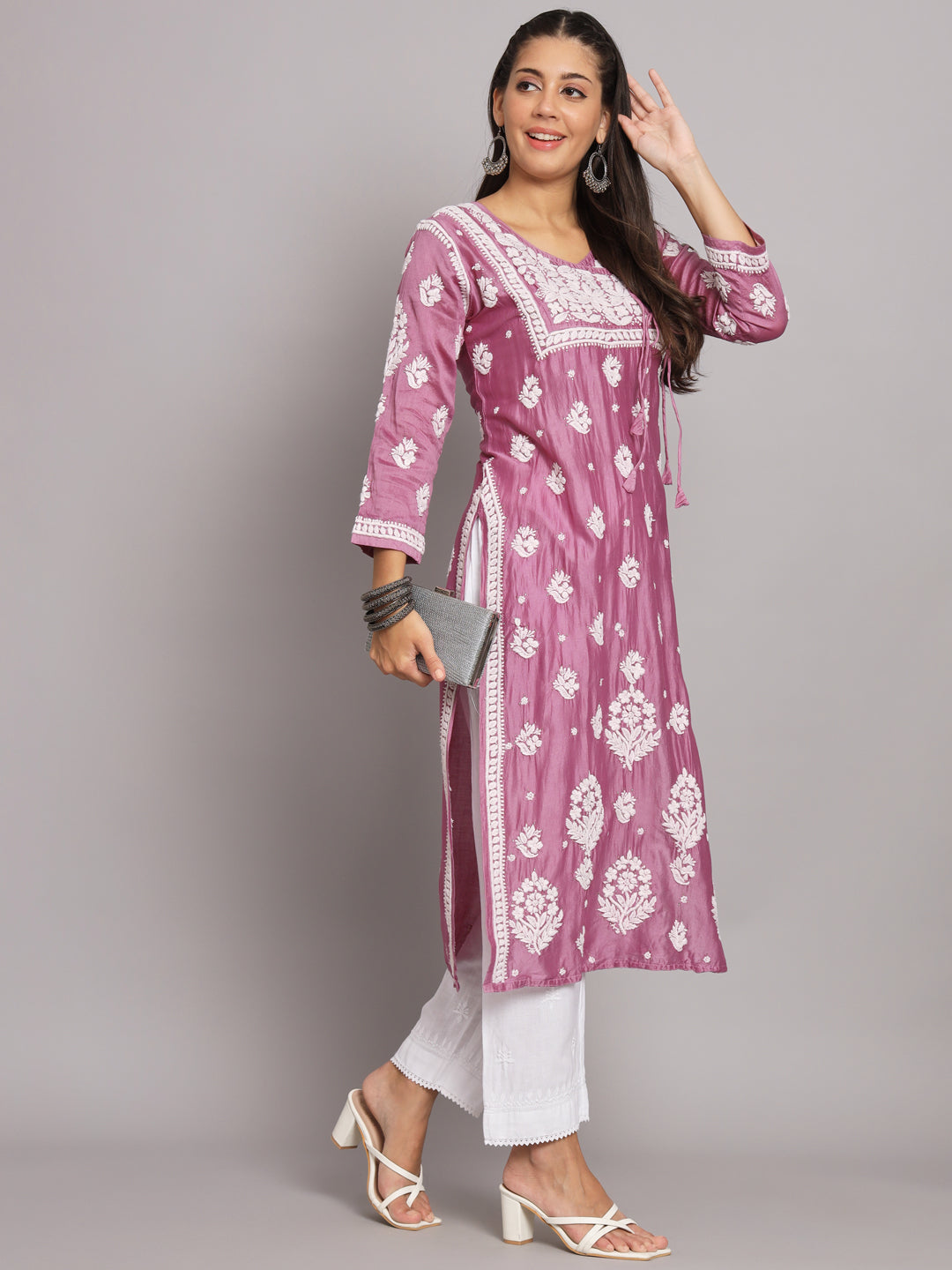 Hand Embroidered Chikankari Chanderi Angarkha Kurta With Mukaish Work-AL3672 Mauve