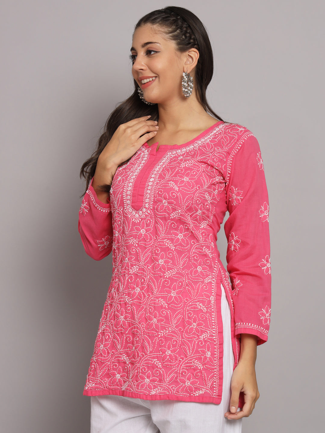 Hand Embroidered Chikankari Cotton Straight Tunic-AL3591 Hotpink