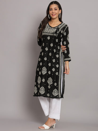 Hand Embroidered Chikankari Chanderi Angarkha Kurta With Mukaish Work-AL3672 Black