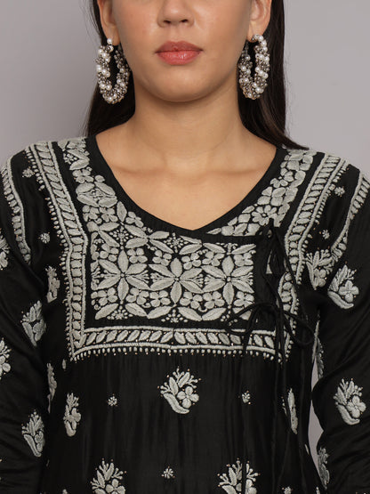 Hand Embroidered Chikankari Chanderi Angarkha Kurta With Mukaish Work-AL3672 Black