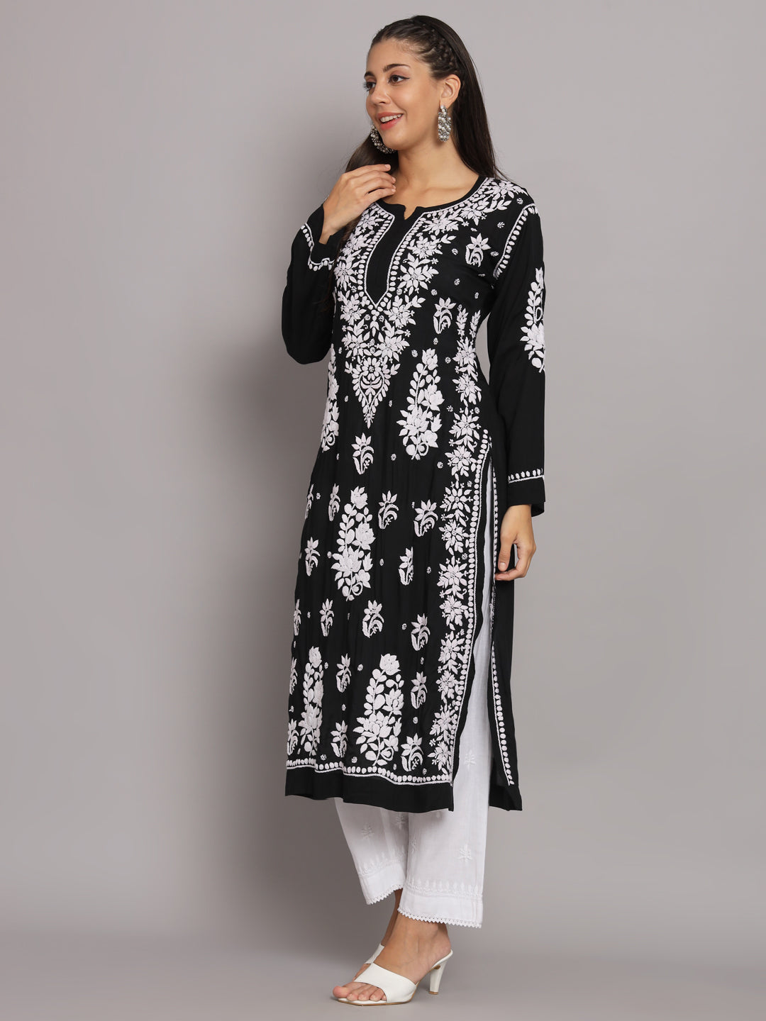 Hand Embroidered Chikankari Modal Straight Kurta-AL3682 Black