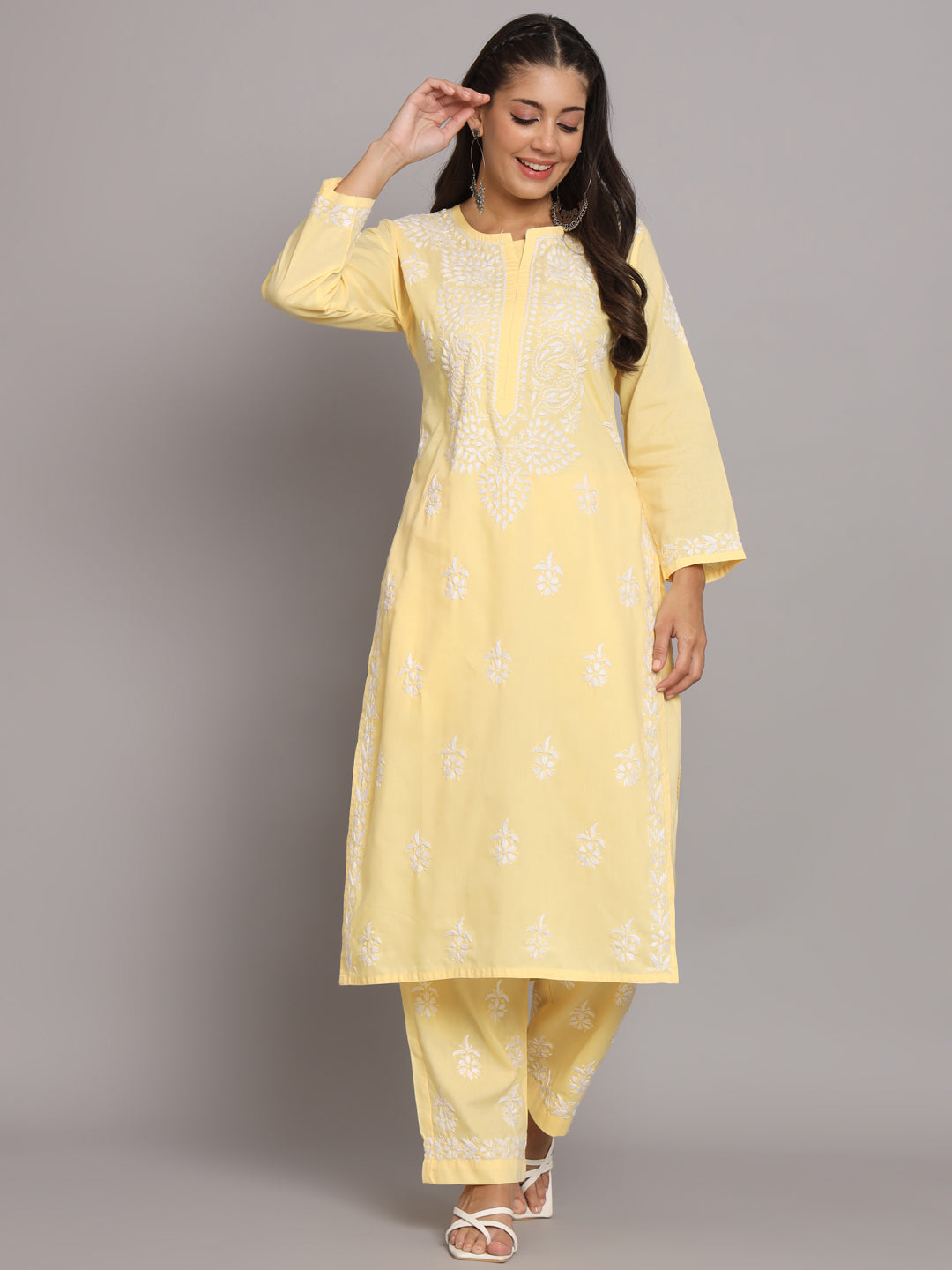 Women Hand Embroidered Chikankari Cotton Kurta Set-AL3674KS Yellow