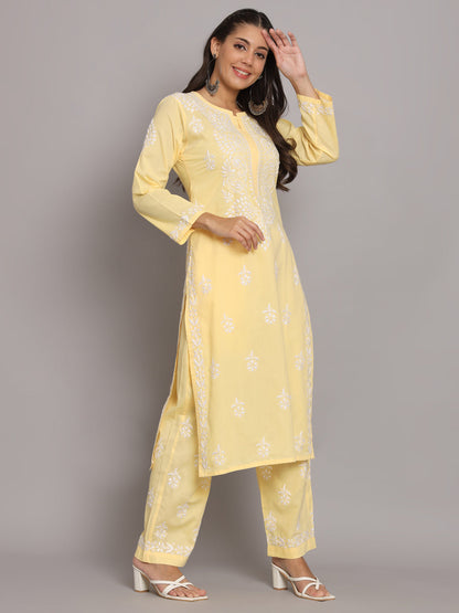 Women Hand Embroidered Chikankari Cotton Kurta Set-AL3674KS Yellow