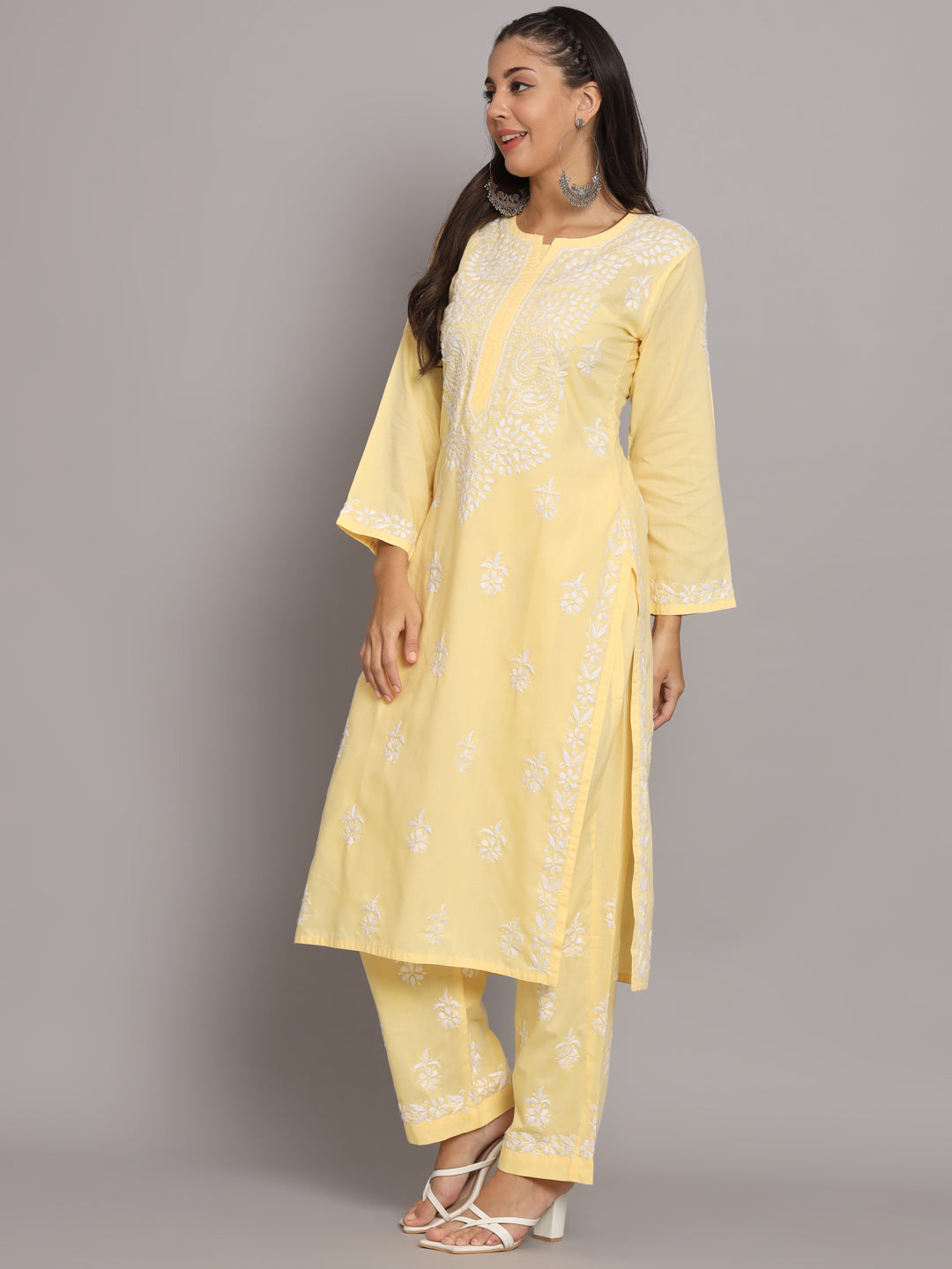 Women Hand Embroidered Chikankari Cotton Kurta Set-AL3674KS Yellow