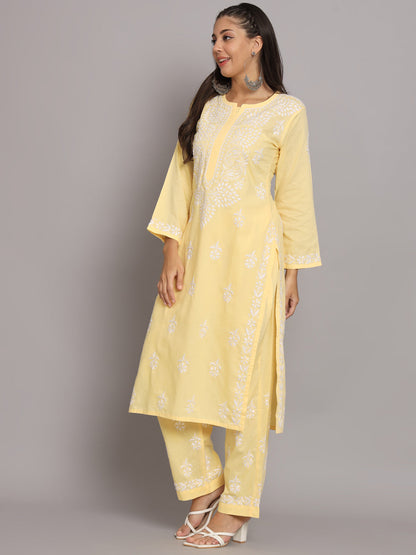 Women Hand Embroidered Chikankari Cotton Kurta Set-AL3674KS Yellow