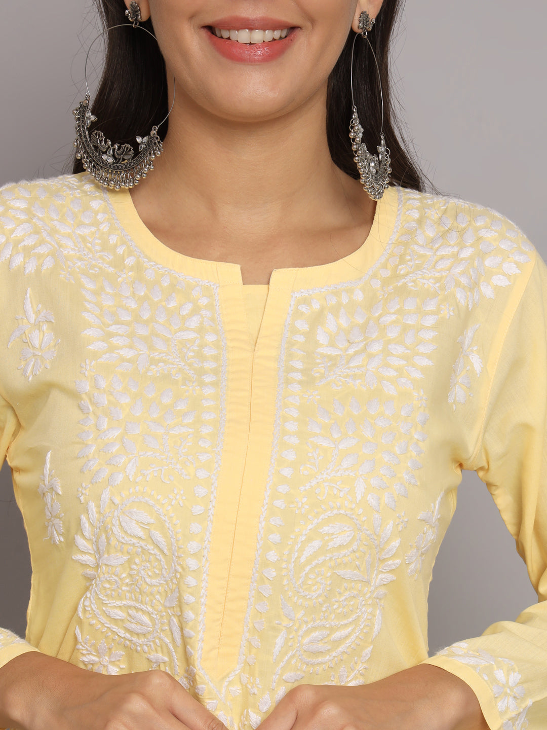Women Hand Embroidered Chikankari Cotton Kurta Set-AL3674KS Yellow