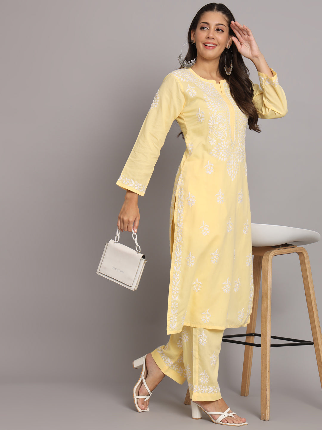 Women Hand Embroidered Chikankari Cotton Kurta Set-AL3674KS Yellow