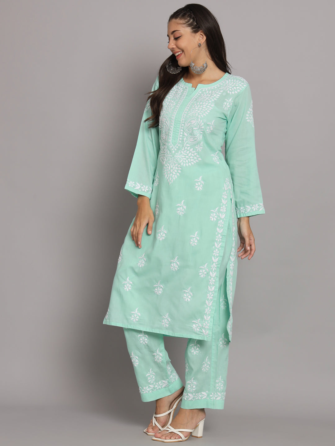 Women Hand Embroidered Chikankari Cotton Kurta Set-AL3674KS Seagreen