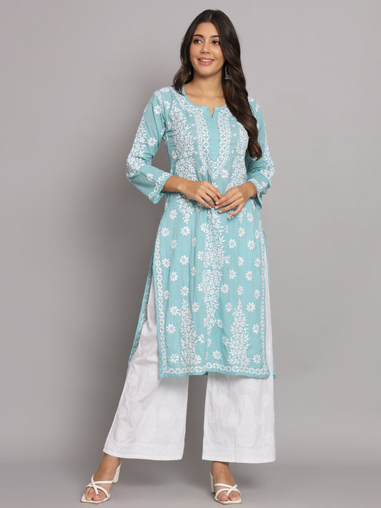 Women Hand Embroidered Chikankari Cotton Straight Kurta-AL3679 Green